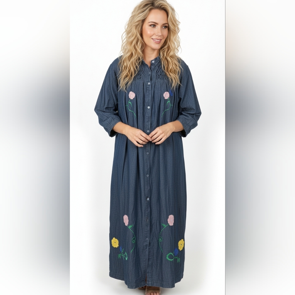 Vintage Styled By Saybury Embroidered Denim Robe Duster Cottagecore Dress L